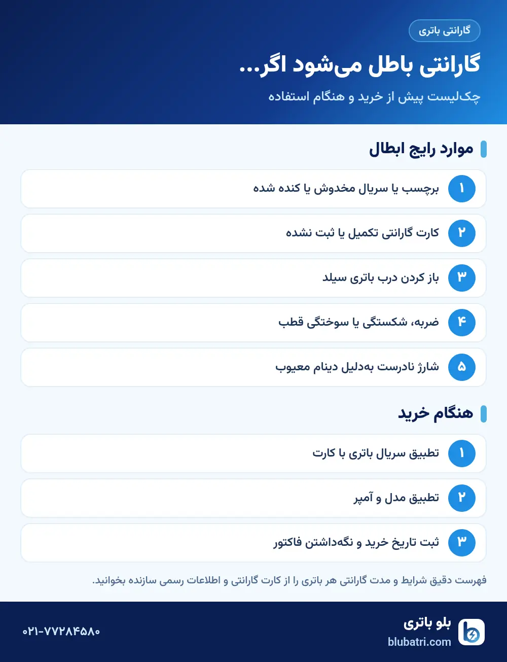 اینفوگرافیک چک‌لیست موارد ابطال گارانتی باتری ماشین